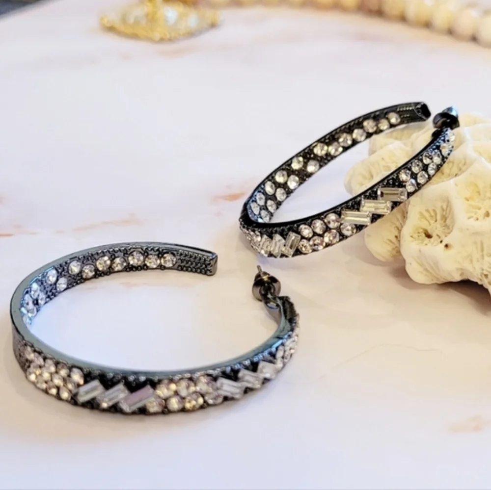 NWT Gunmetal Baguette Rhinestone Inside Outside Hoop Earrings